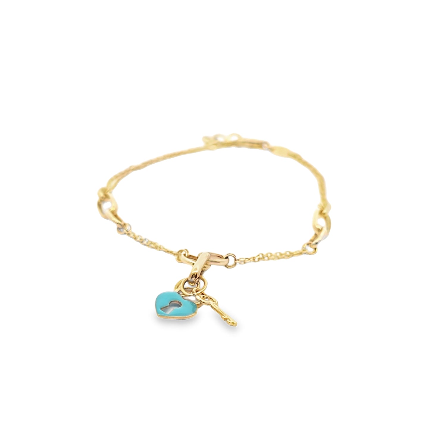 14k Solid Gold Bracelet with Enamel Heart & Key Charms – Dainty Gift for Her