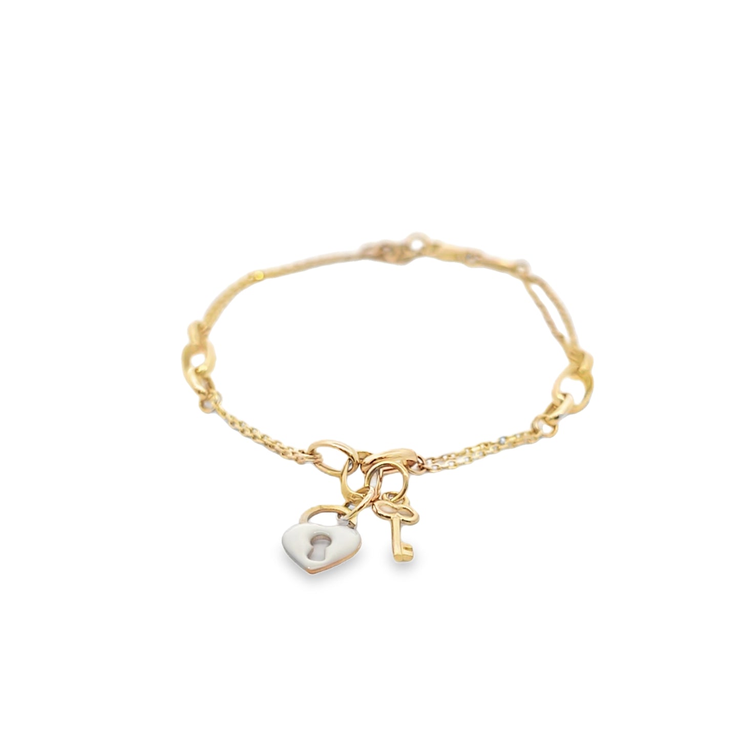 14k Solid Gold Bracelet with Enamel Heart & Key Charms – Dainty Gift for Her