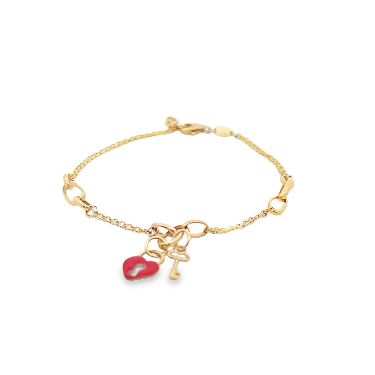 14k Solid Gold Bracelet with Enamel Heart & Key Charms – Dainty Gift for Her