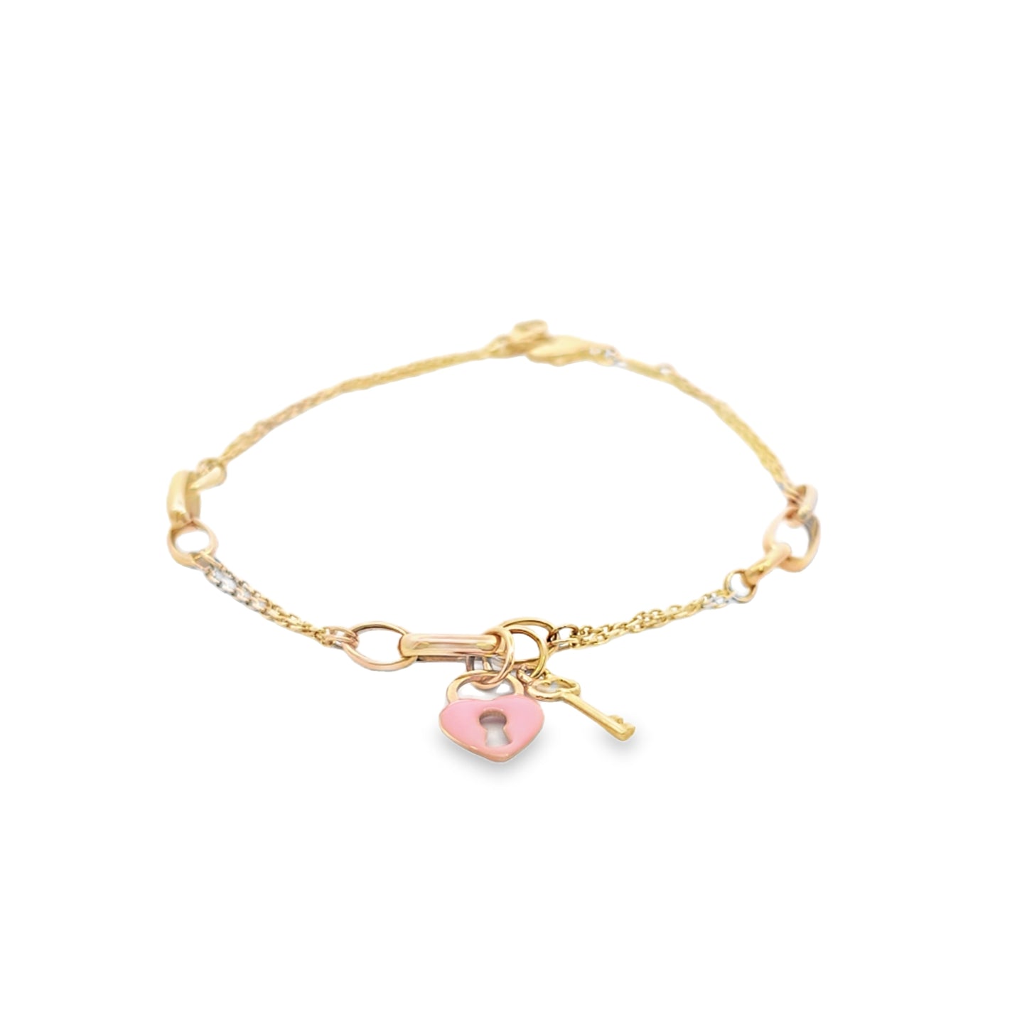 14k Solid Gold Bracelet with Enamel Heart & Key Charms – Dainty Gift for Her