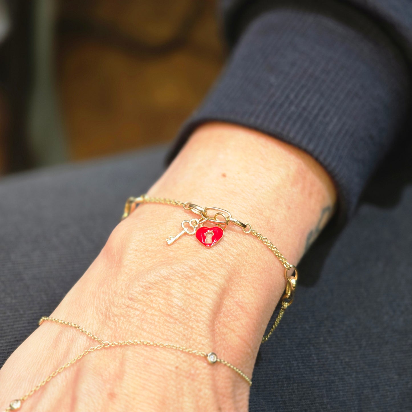 14k Solid Gold Bracelet with Enamel Heart & Key Charms – Dainty Gift for Her