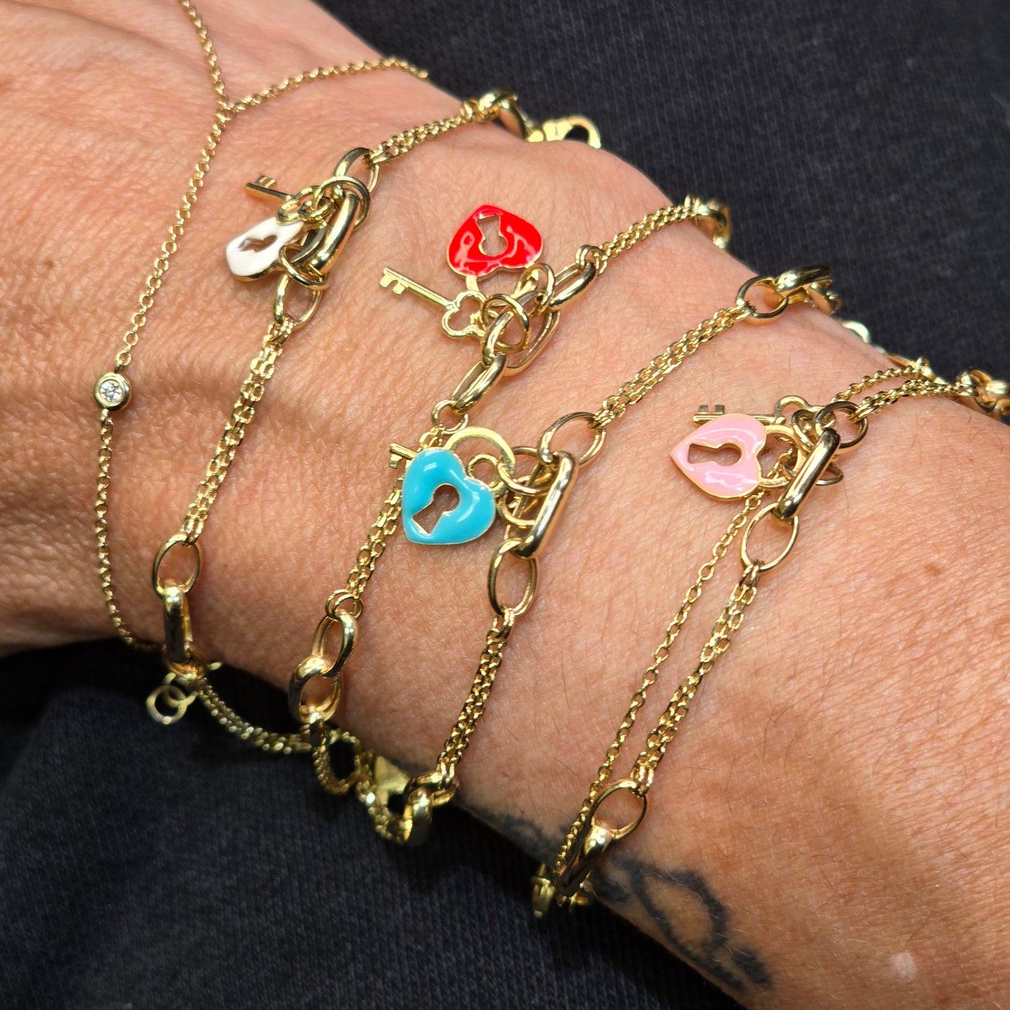 14k Solid Gold Bracelet with Enamel Heart & Key Charms – Dainty Gift for Her