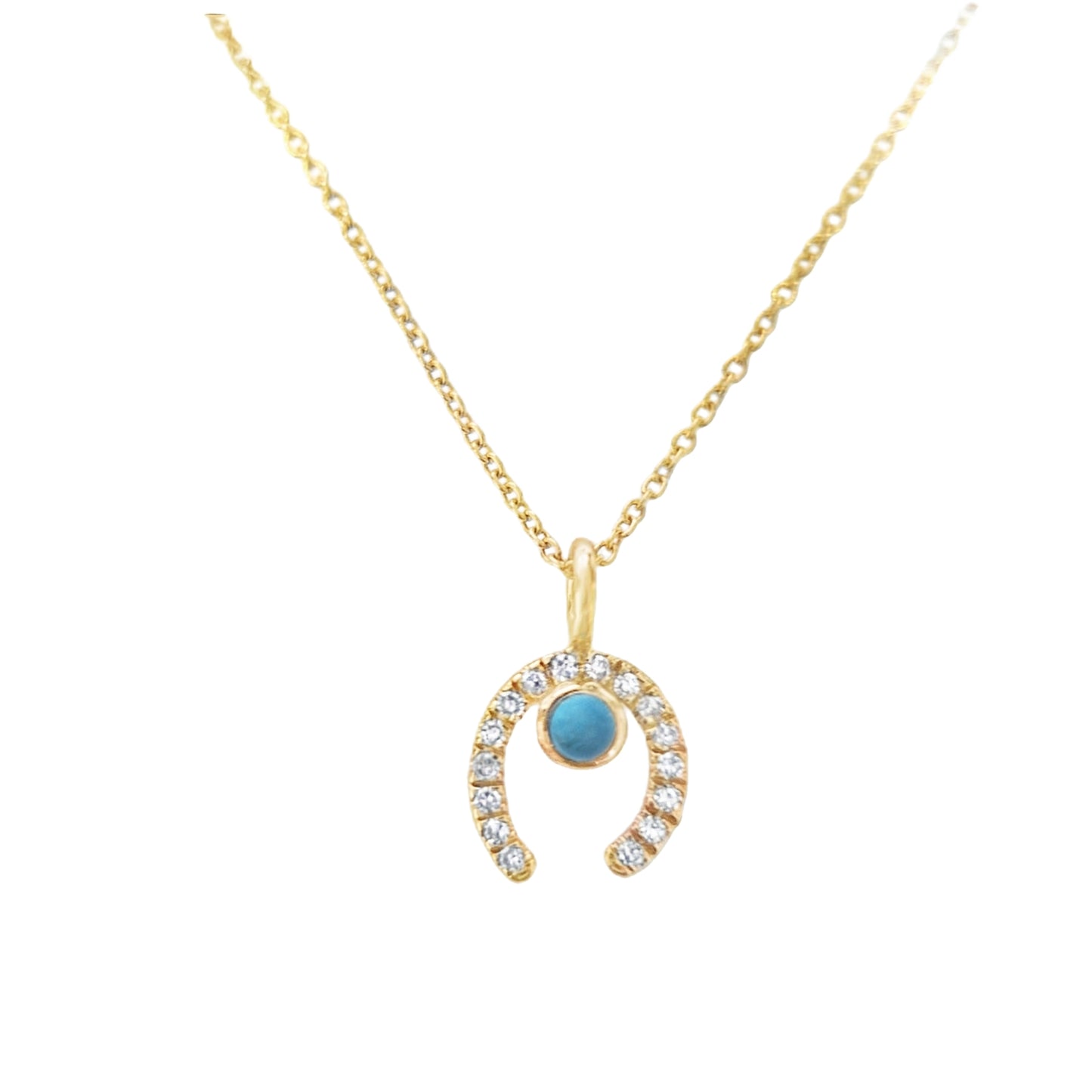 Yellow Solid 14kt Gold Horse Shoe Diamond Charm Necklace with Round Turquoise Cabochon