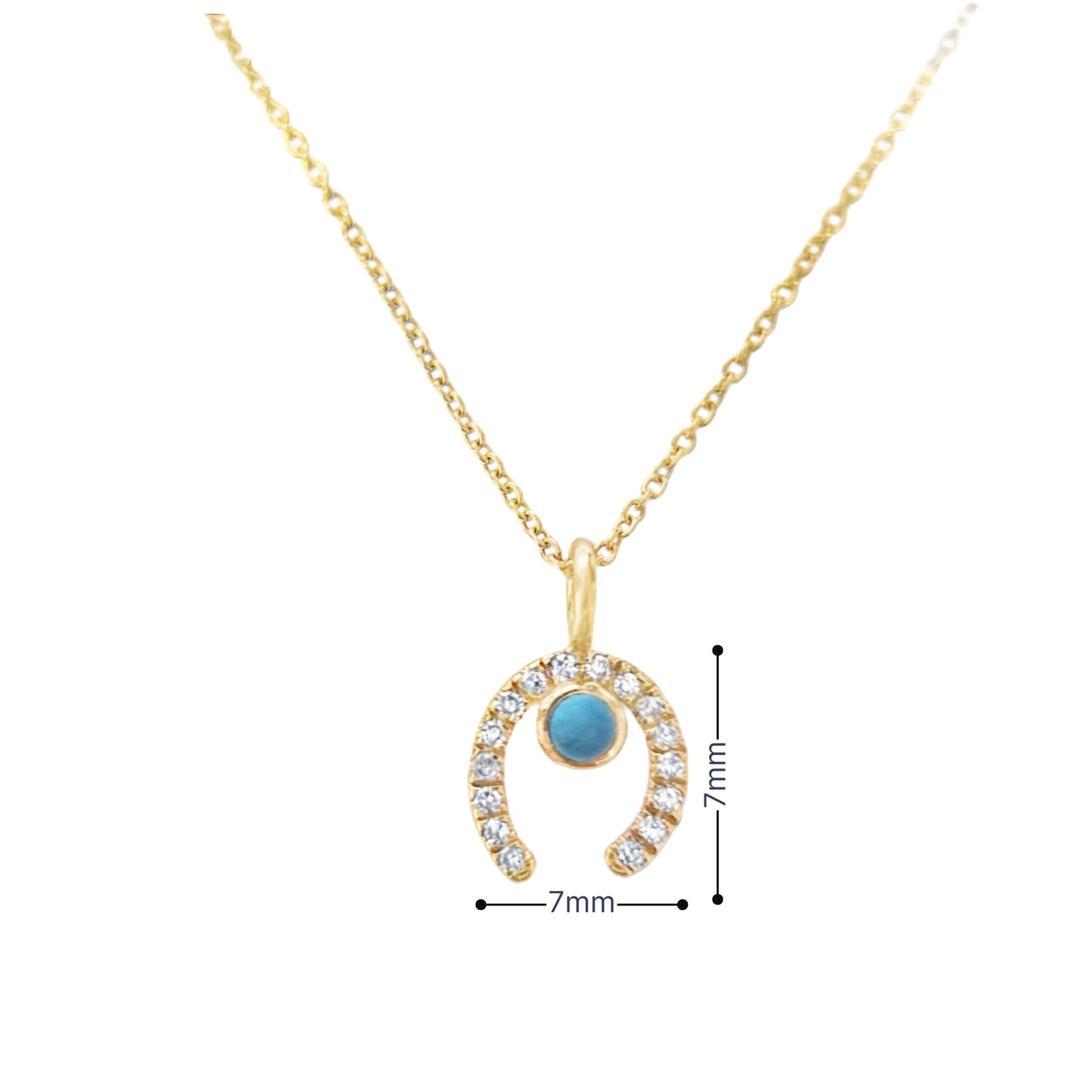Yellow Solid 14kt Gold Horse Shoe Diamond Charm Necklace with Round Turquoise Cabochon