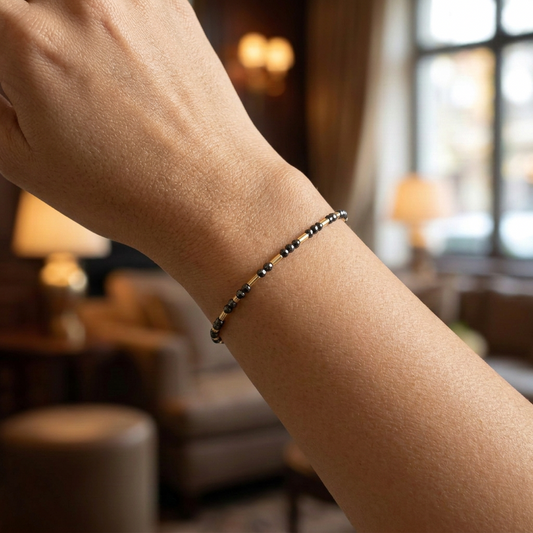 14k Solid Gold Diamond Cut Black Bead Bangle