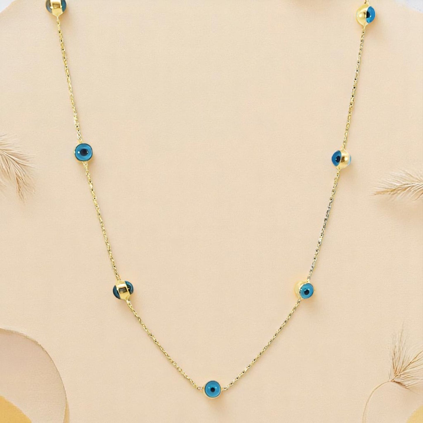 Solid 14K Gold Evil Eye Station Necklace