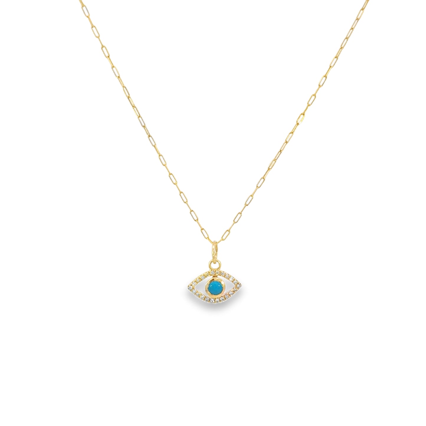 14kt Solid Gold Evil Eye Pendant Necklace with Diamonds and Turquoise