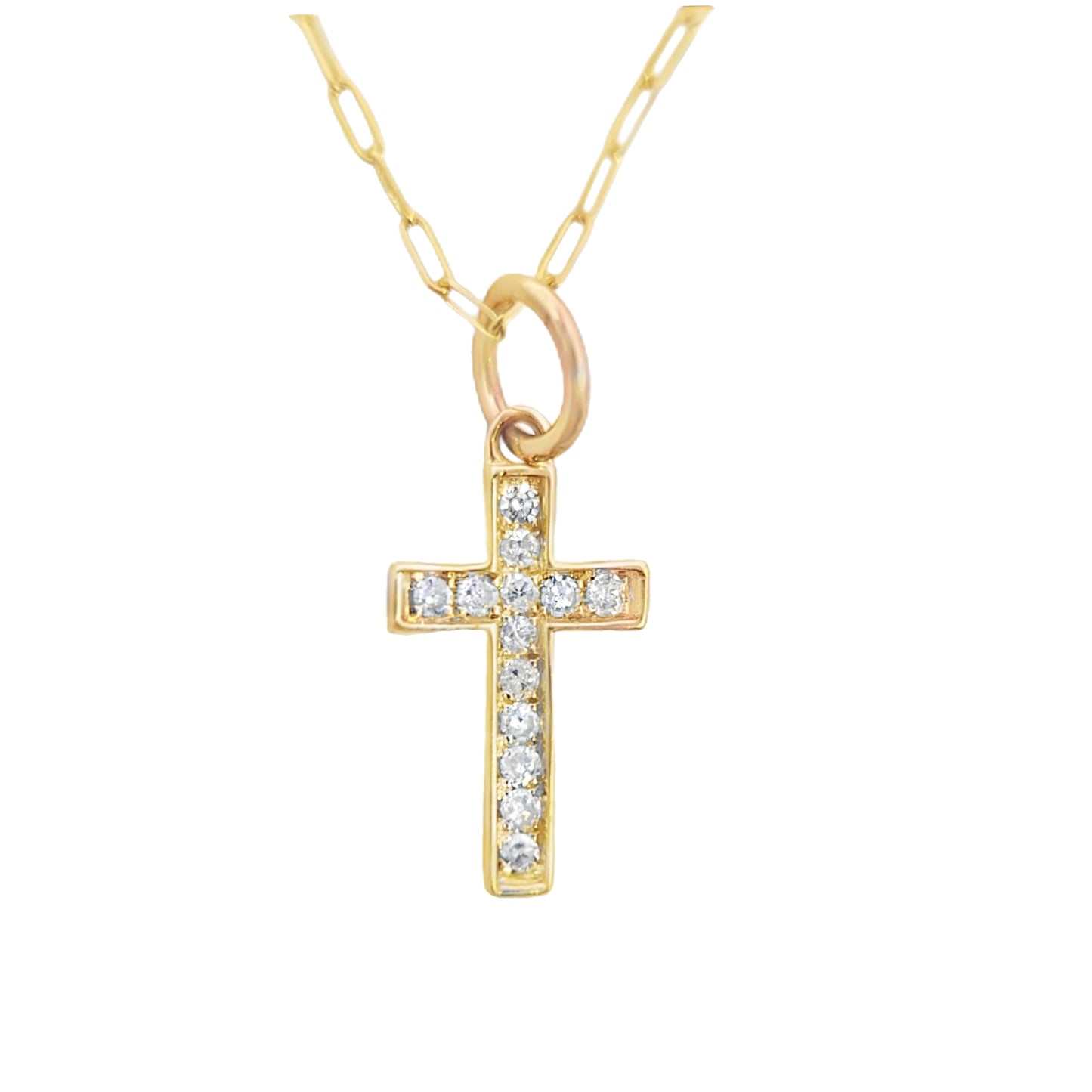 14kt Solid Gold Diamond Cross Pendant Necklace with Paperclip Chain