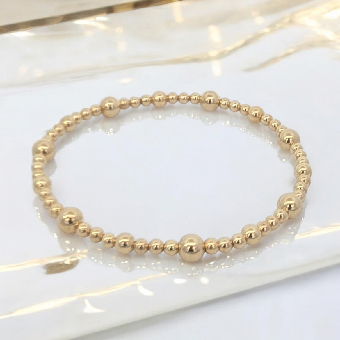 14kt Gold Filled Beaded Bracelet - Alternate Pattern of 3mm, 4mm & 5mm Beads, Tarnish-Free Jewelry