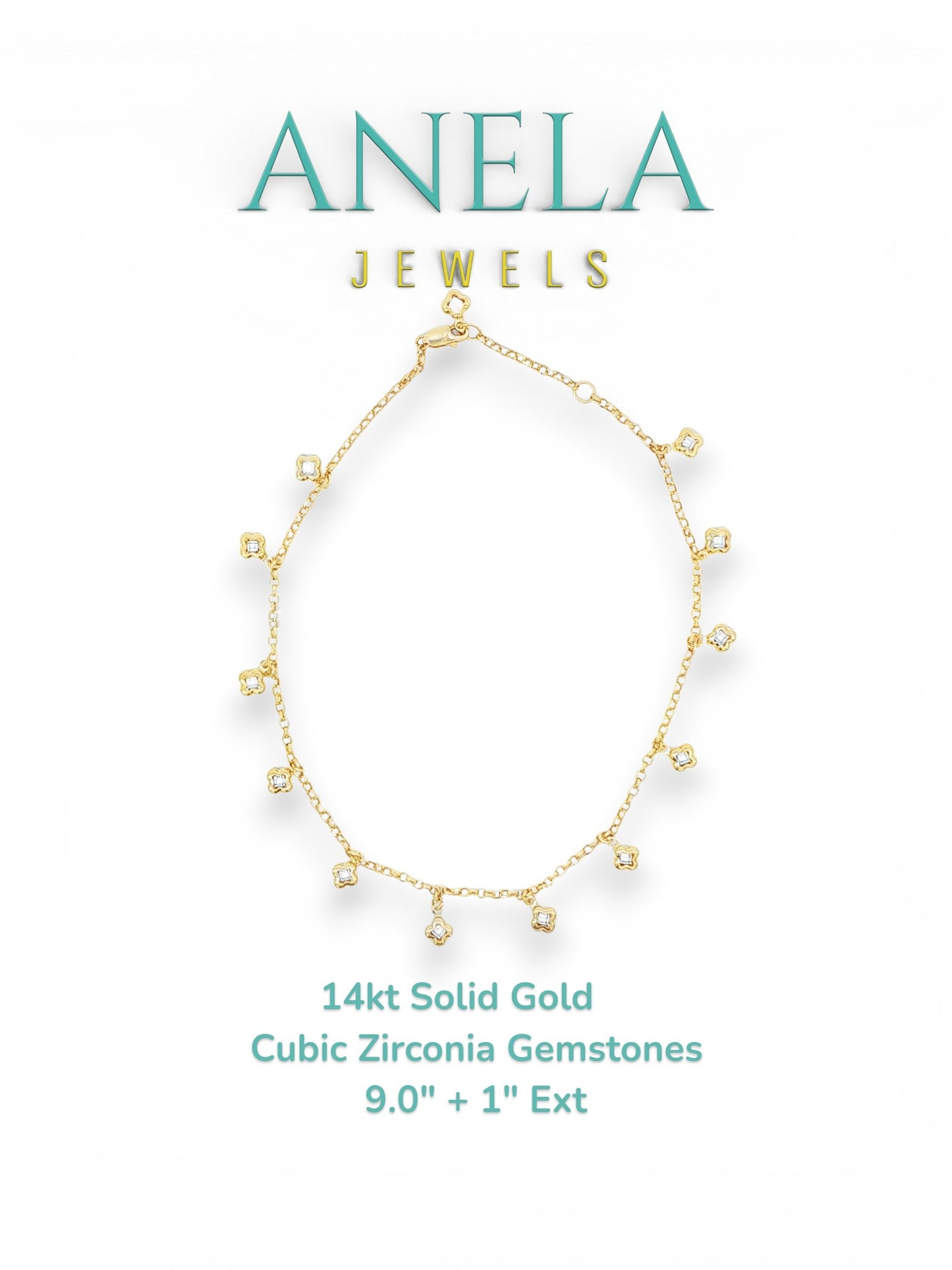 14k Solid Gold Cubic Zirconia Flower Charm Anklet