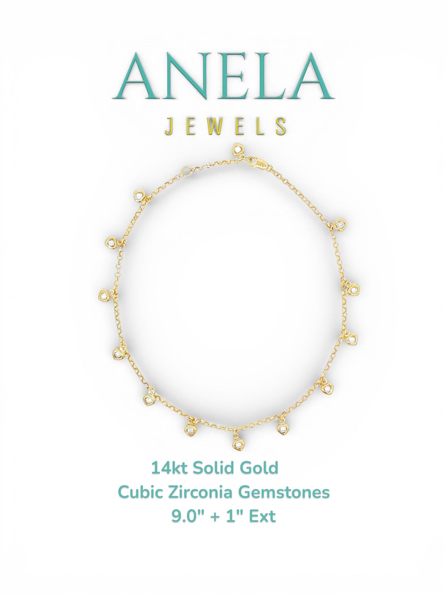 14k Solid Gold Anklet with Cubic Zirconia Heart Charms