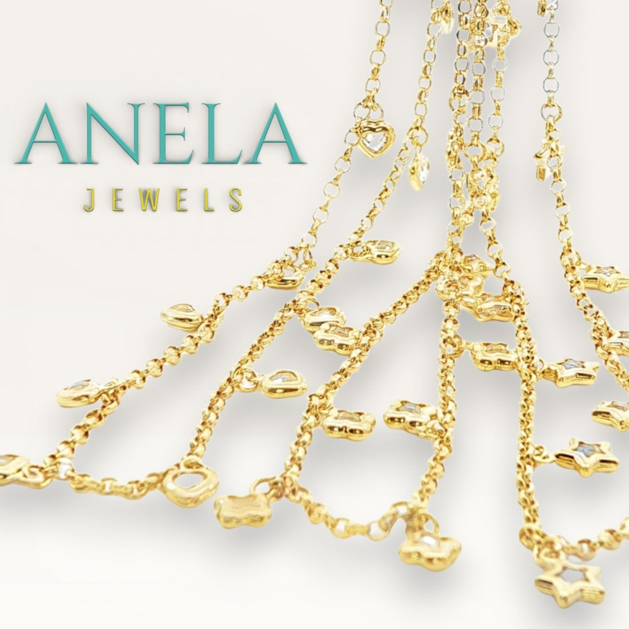 14k Solid Gold Anklet with Cubic Zirconia Star Charms