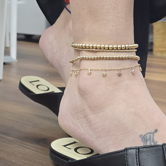 14k Solid Gold Anklet with Cubic Zirconia Star Charms