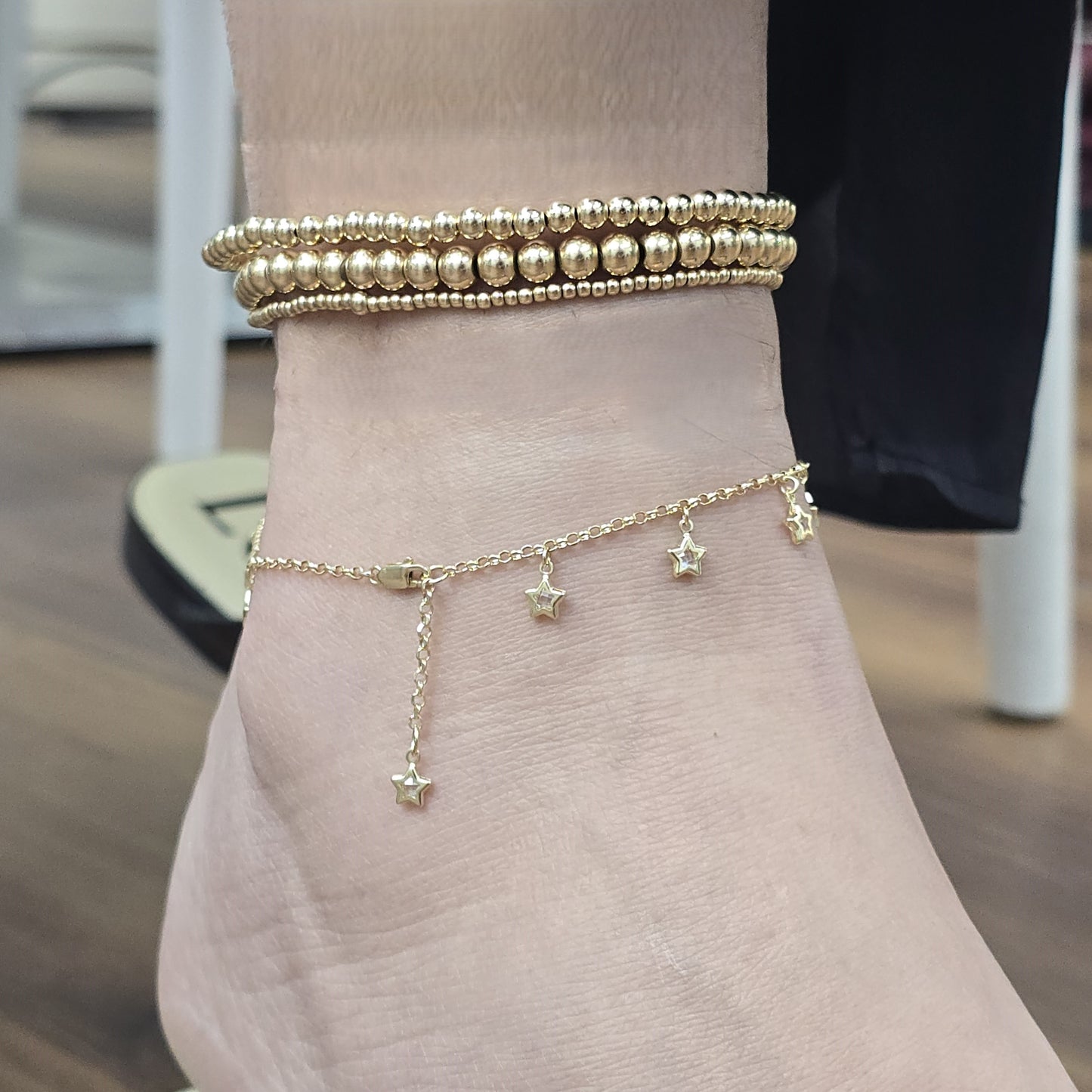 14k Solid Gold Anklet with Cubic Zirconia Star Charms