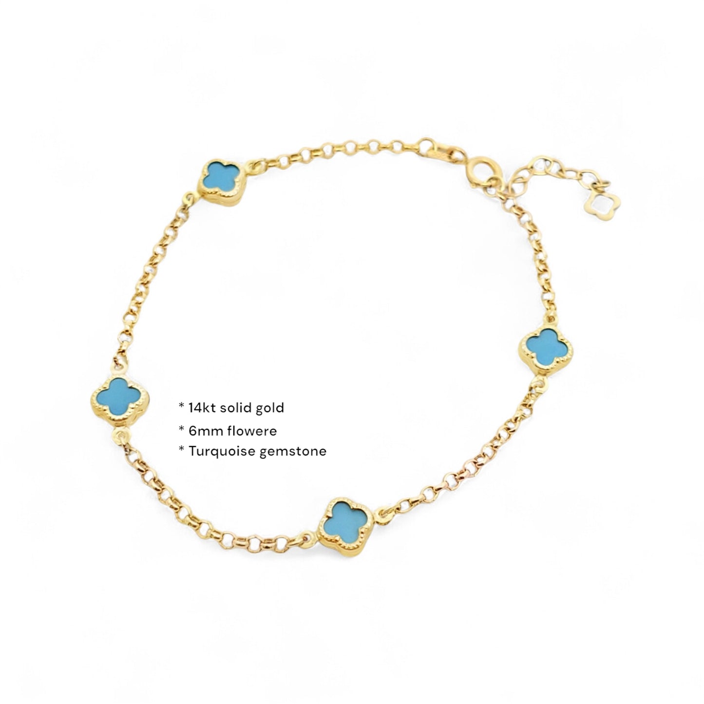 Solid 14K Gold Clover Bracelet – Turquoise Gemstone