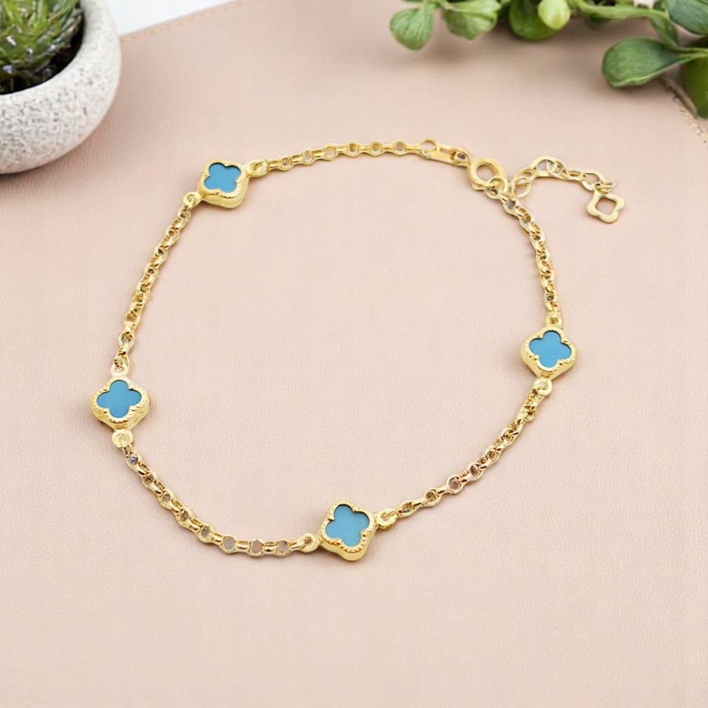Solid 14K Gold Clover Bracelet – Turquoise Gemstone