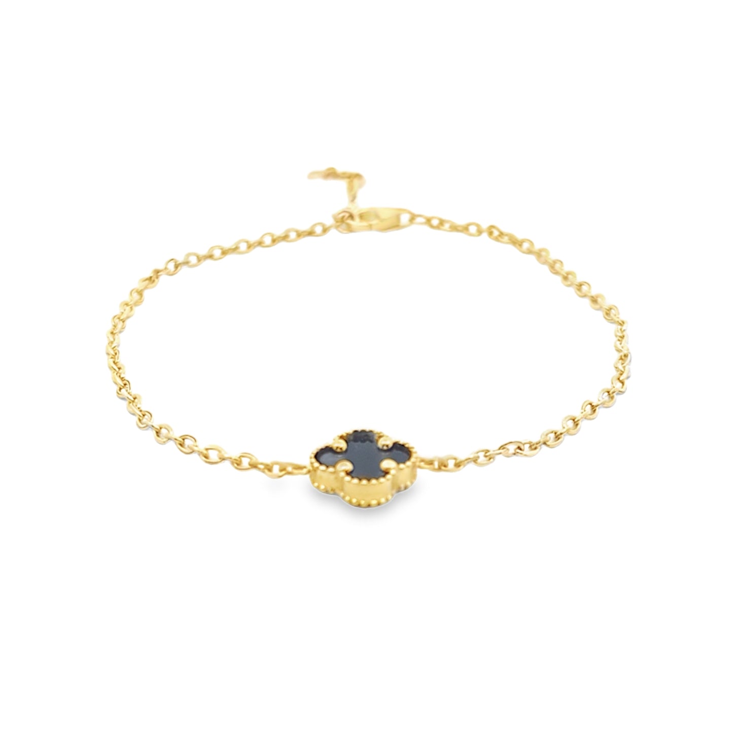 14kt Solid Gold Onyx Clover Bracelet – Dainty Black Onyx Gold Bracelet for Women