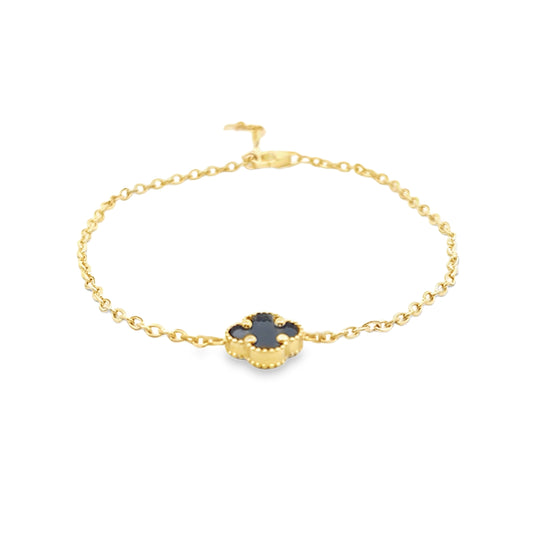 14kt Solid Gold Onyx Clover Bracelet – Dainty Black Onyx Gold Bracelet for Women
