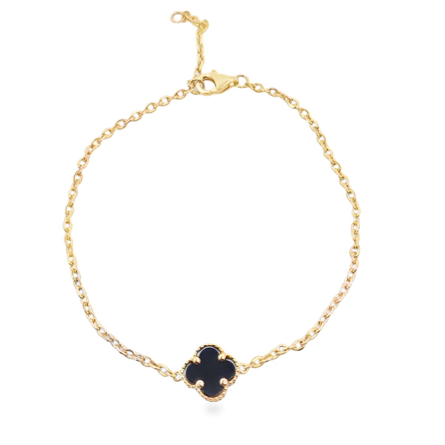 14kt Solid Gold Onyx Clover Bracelet – Dainty Black Onyx Gold Bracelet for Women