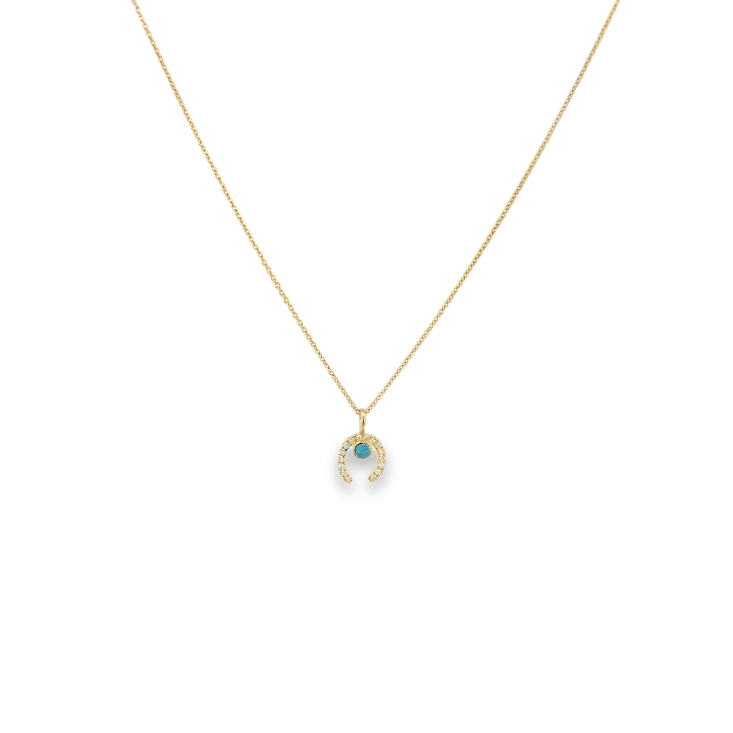 Yellow Solid 14kt Gold Horse Shoe Diamond Charm Necklace with Round Turquoise Cabochon