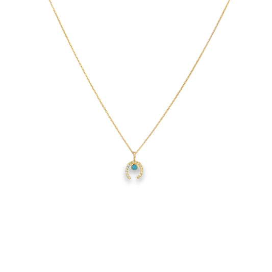 Yellow Solid 14kt Gold Horse Shoe Diamond Charm Necklace with Round Turquoise Cabochon