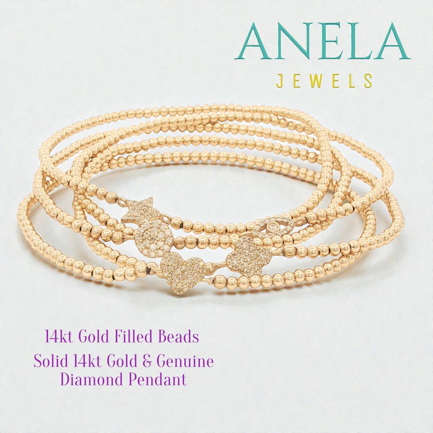 Yellow Gold Beaded Bracelets with Solid Gold and Diamond Pendant