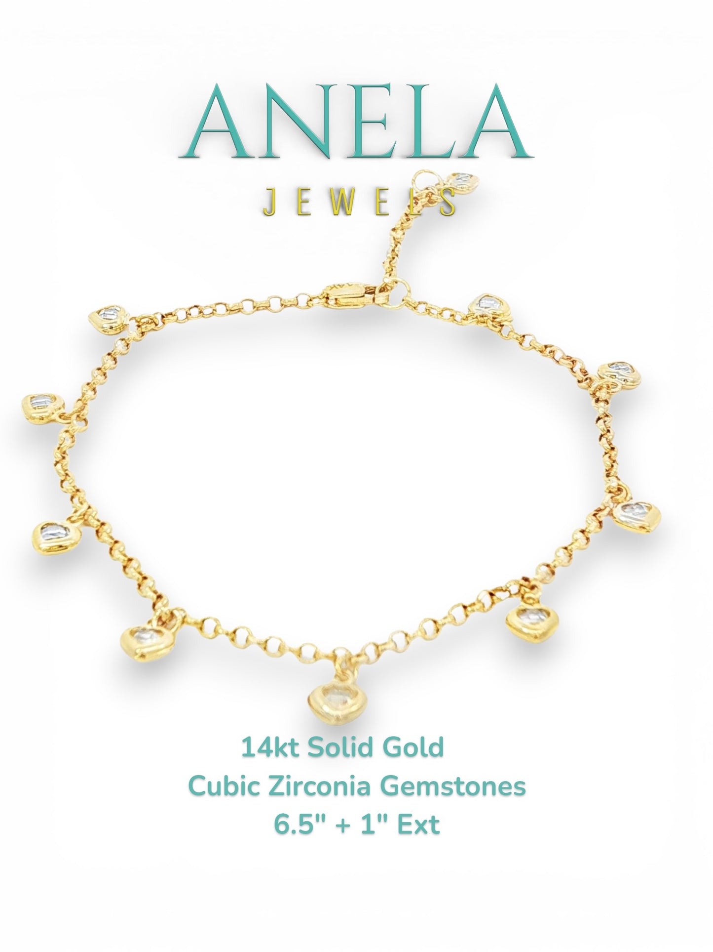 14k Solid Gold Bracelet with Cubic Zirconia Heart Charms