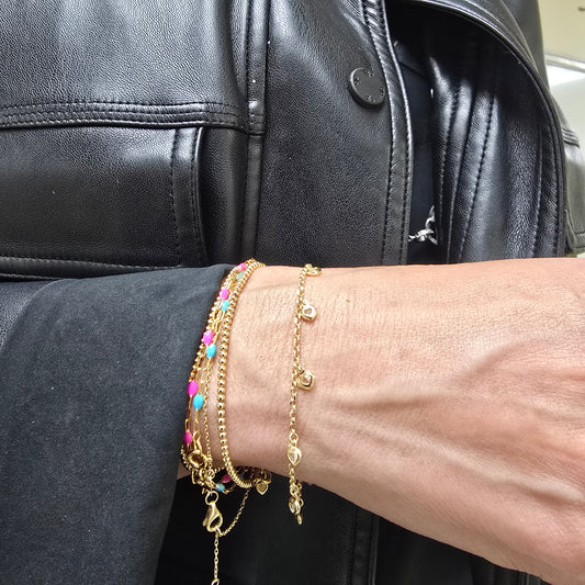 14k Solid Gold Bracelet with Cubic Zirconia Heart Charms