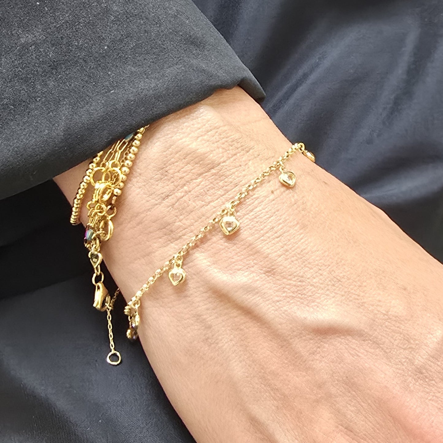 14k Solid Gold Bracelet with Cubic Zirconia Heart Charms