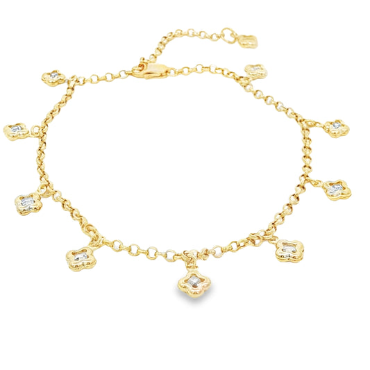14k Solid Gold Bracelet with Cubic Zirconia Flower Charms