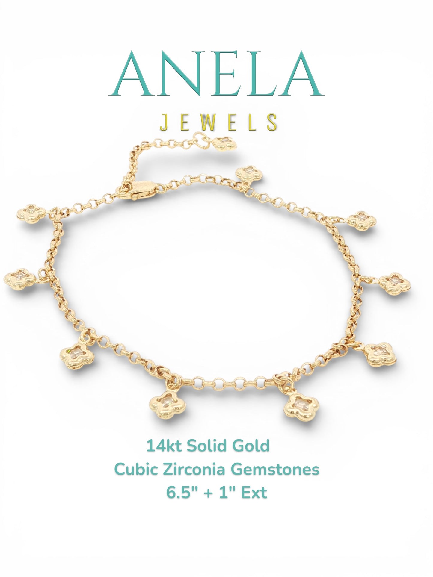 14k Solid Gold Bracelet with Cubic Zirconia Flower Charms