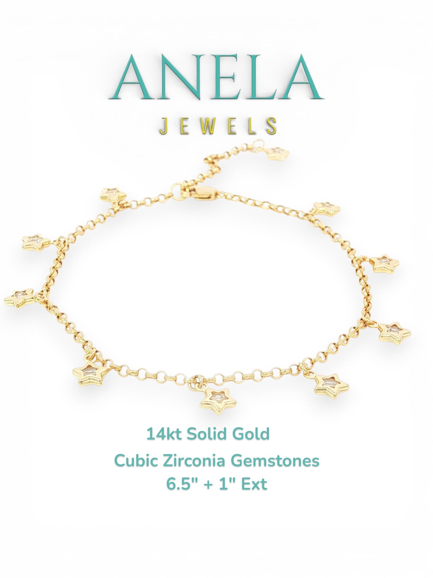 14k Solid Gold Bracelet with Cubic Zirconia Star Charms