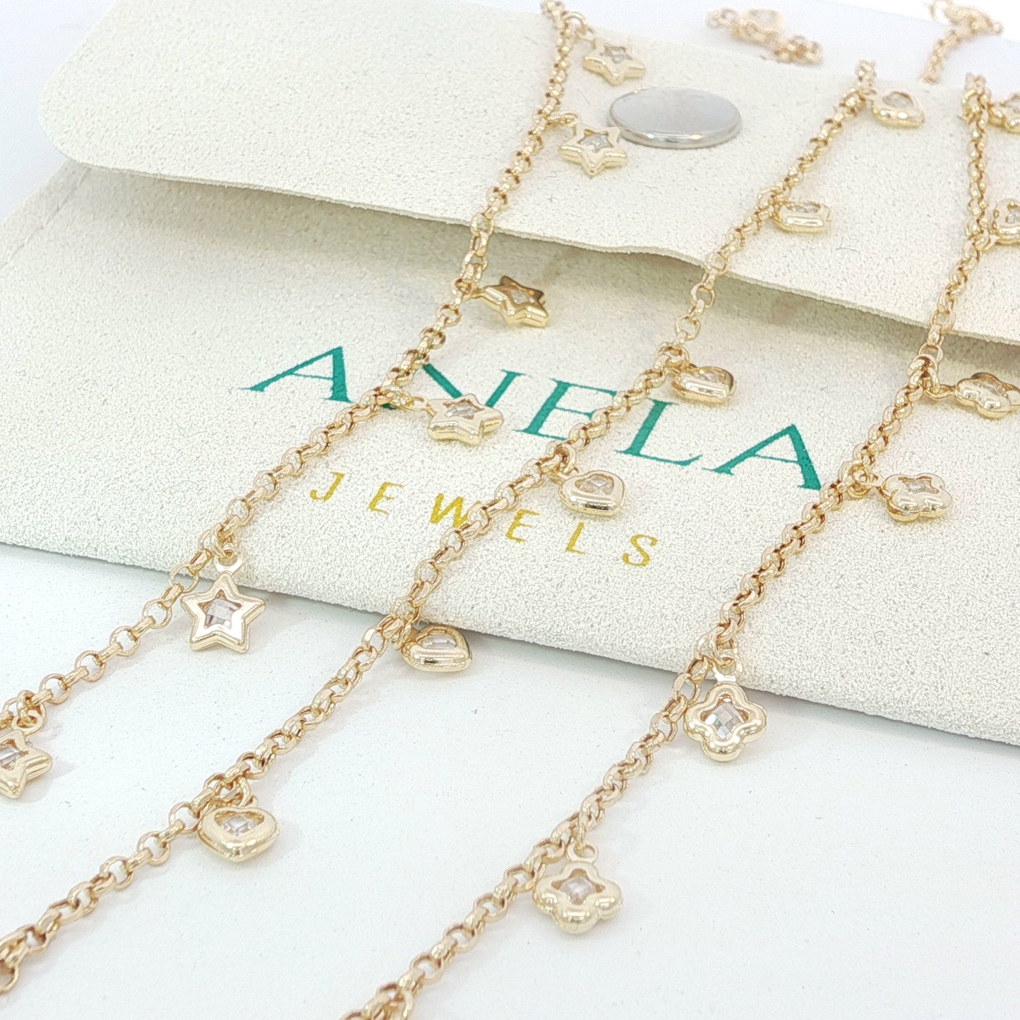 14k Solid Gold Bracelet with Cubic Zirconia Heart Charms