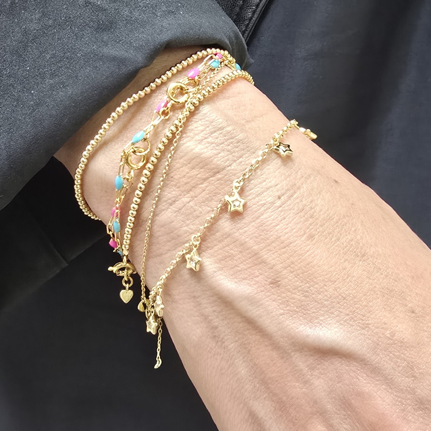 14k Solid Gold Bracelet with Cubic Zirconia Star Charms