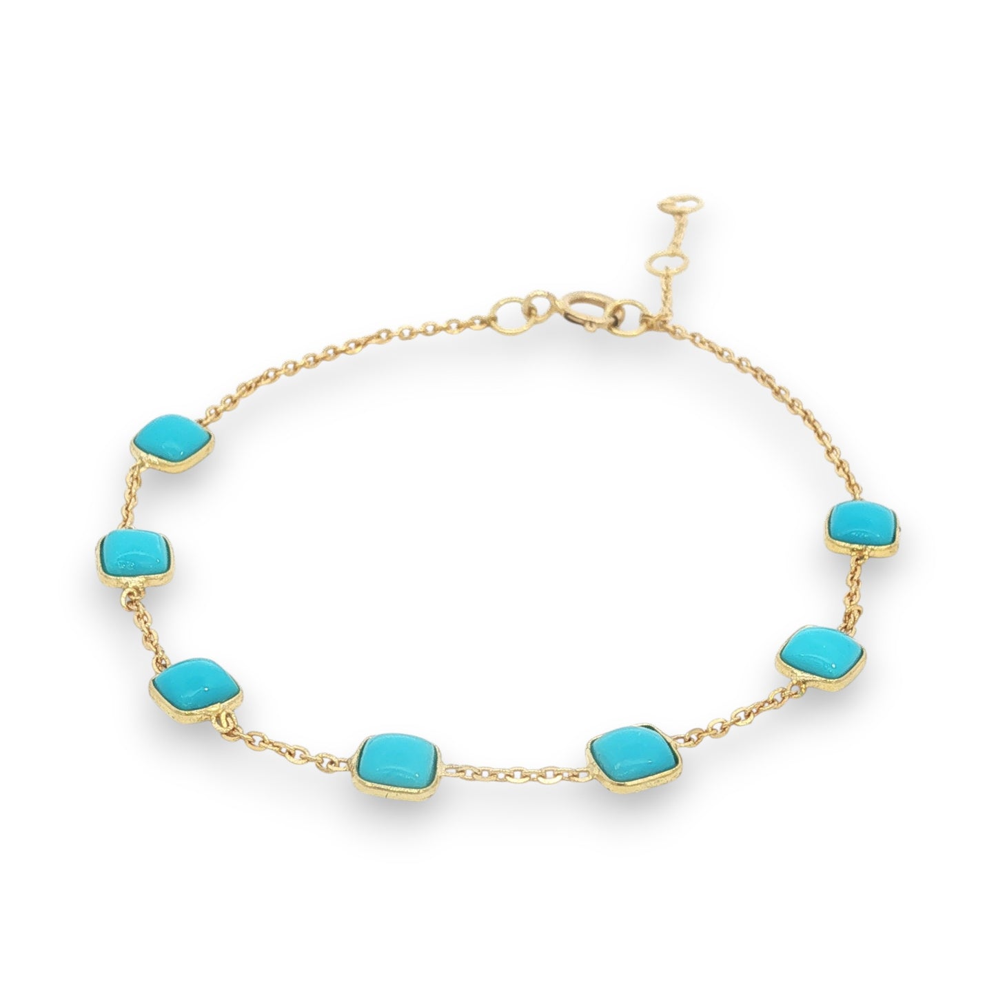 14K Solid Gold Cushion-Cut Turquoise Bracelet | Vibrant Blue Gemstone Station Chain