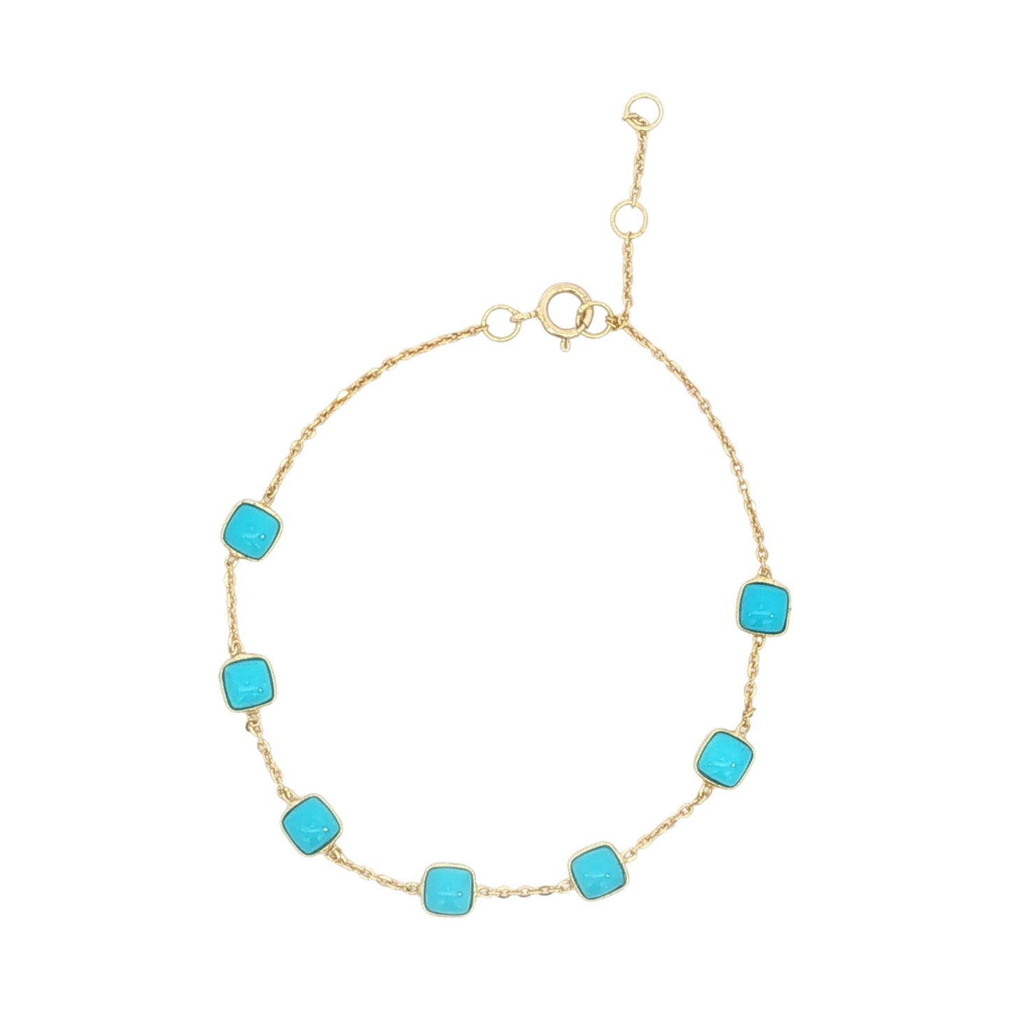 14K Solid Gold Cushion-Cut Turquoise Bracelet | Vibrant Blue Gemstone Station Chain