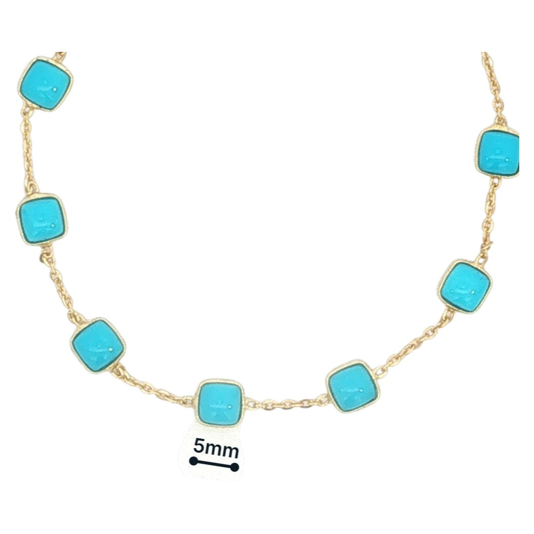 14K Solid Gold Cushion-Cut Turquoise Bracelet | Vibrant Blue Gemstone Station Chain