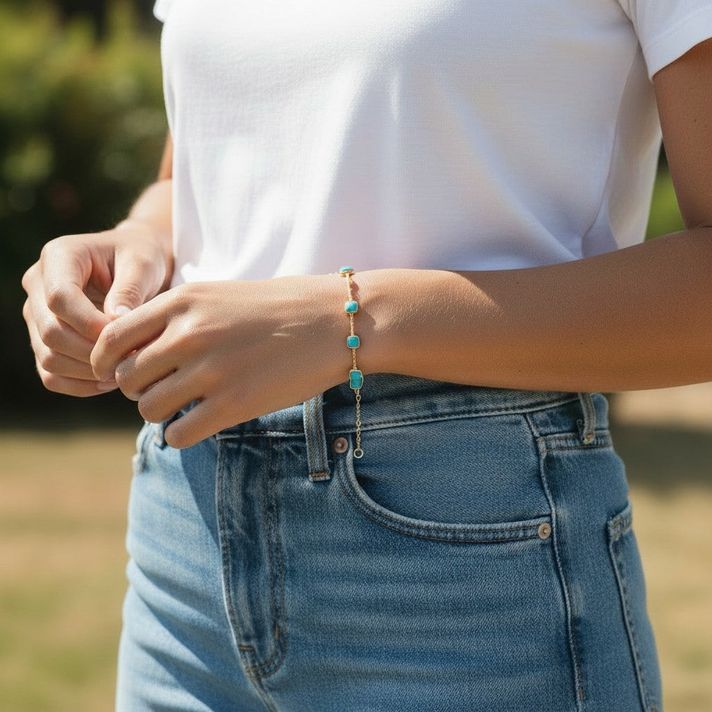 14K Solid Gold Cushion-Cut Turquoise Bracelet | Vibrant Blue Gemstone Station Chain