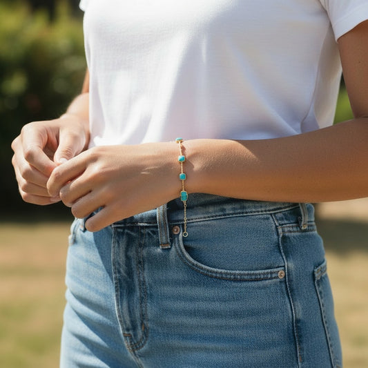 14K Solid Gold Cushion-Cut Turquoise Bracelet | Vibrant Blue Gemstone Station Chain