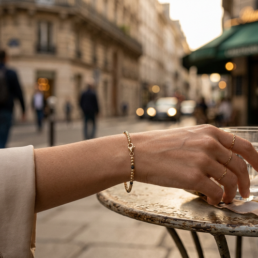 14k Solid Gold Diamond Cut Black Bead Bracelet