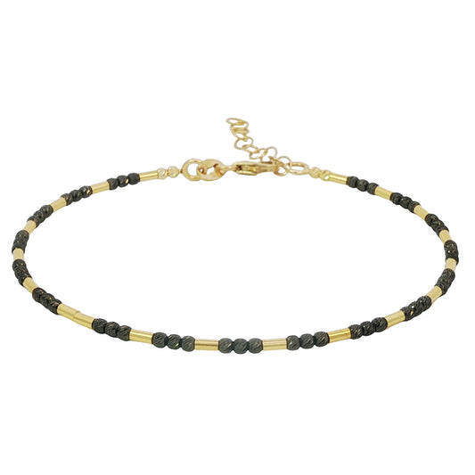 14k Solid Gold Diamond Cut Black Bead Bangle