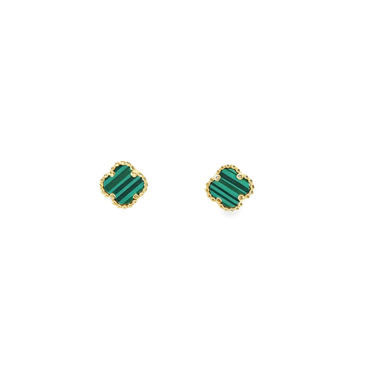 Genuine 14kt Gold Clover Earrings – Malachite Inlay for Women