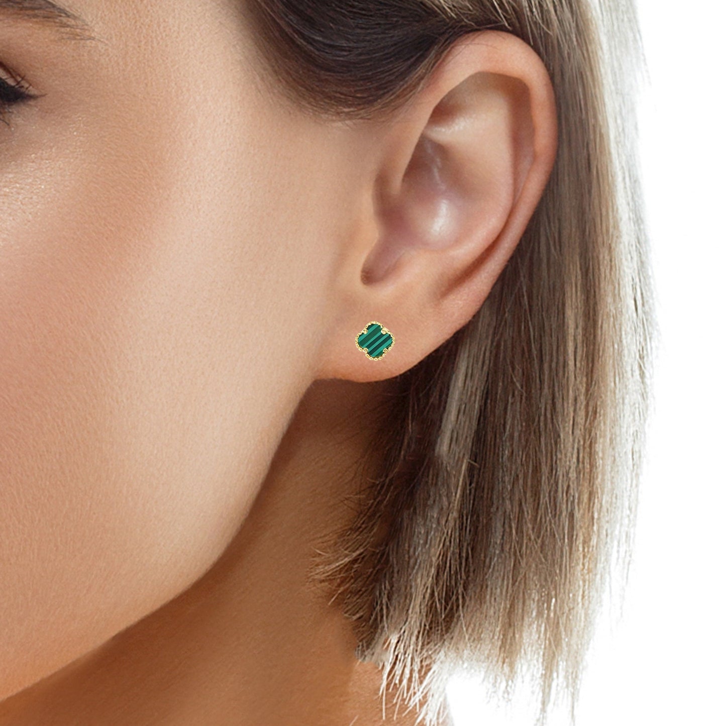 Genuine 14kt Gold Clover Earrings – Malachite Inlay for Women