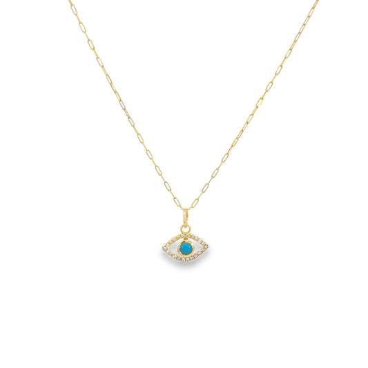 14kt Solid Gold Evil Eye Pendant Necklace with Diamonds and Turquoise
