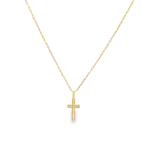 14kt Solid Gold Diamond Cross Pendant Necklace with Paperclip Chain