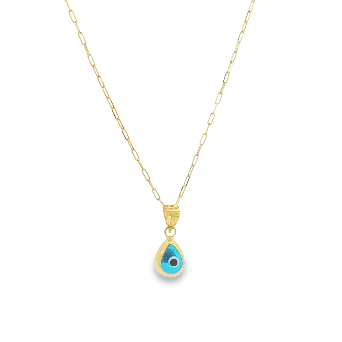 14kt Solid Gold Blue Evil Eye Pendant Necklace on Paper Clip Chain for Modern Protection and Luxury