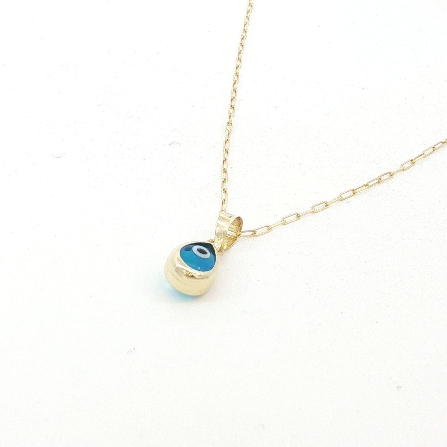 14kt Solid Gold Blue Evil Eye Pendant Necklace on Paper Clip Chain for Modern Protection and Luxury