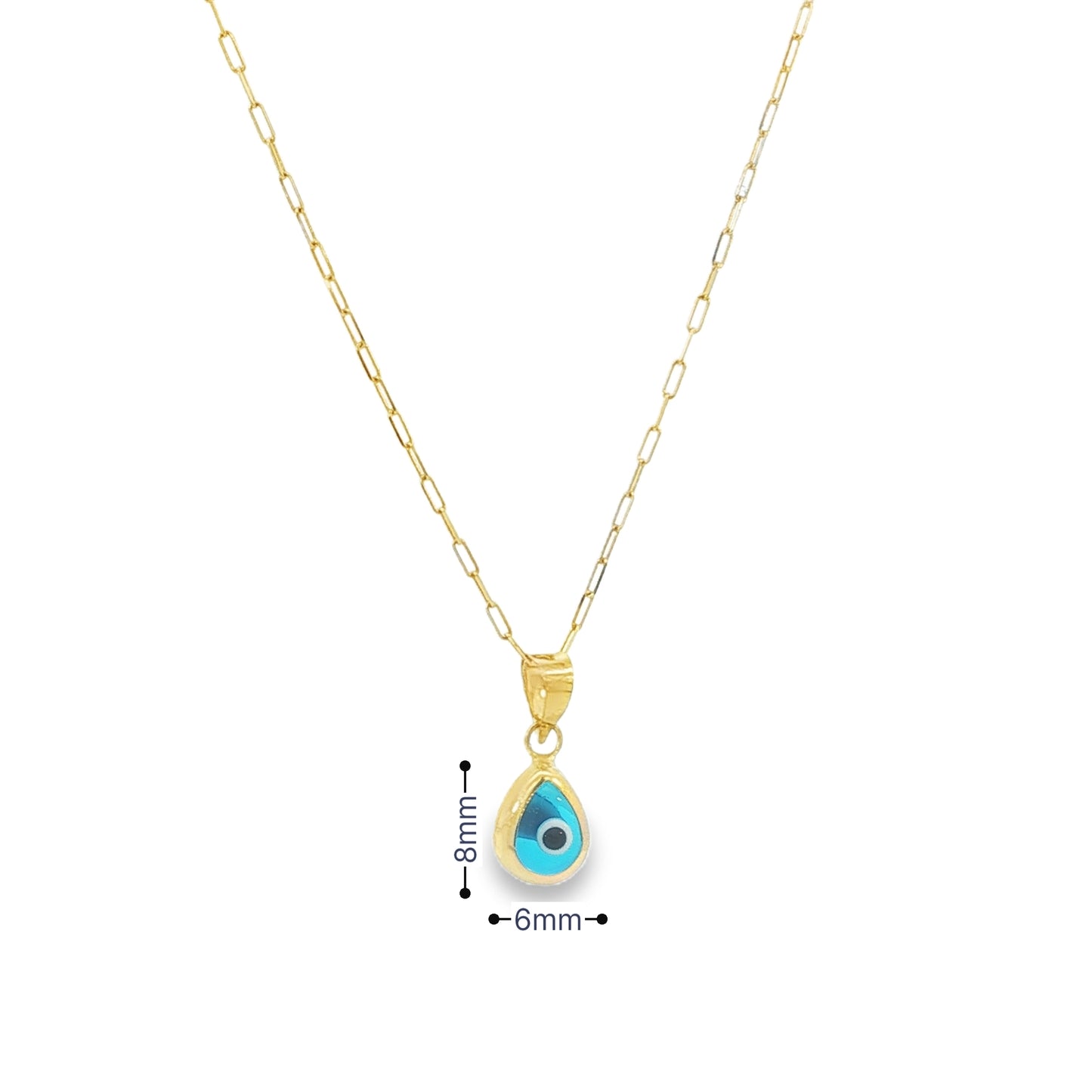 14kt Solid Gold Blue Evil Eye Pendant Necklace on Paper Clip Chain for Modern Protection and Luxury